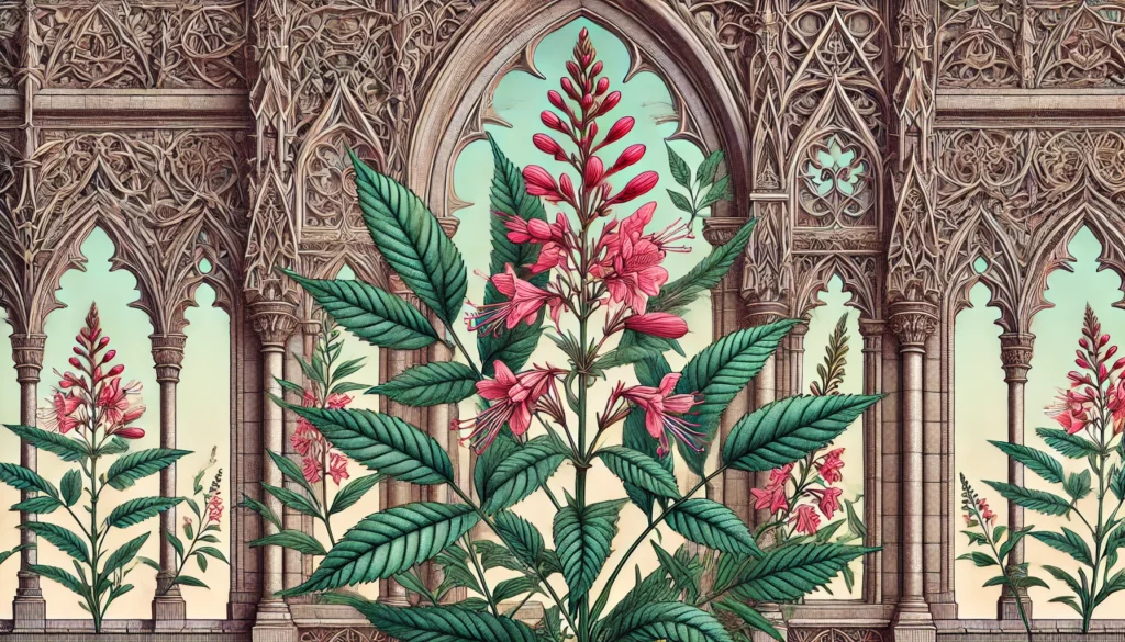 Detailed illustration of a Rosebay plant with Gothic architectural background.