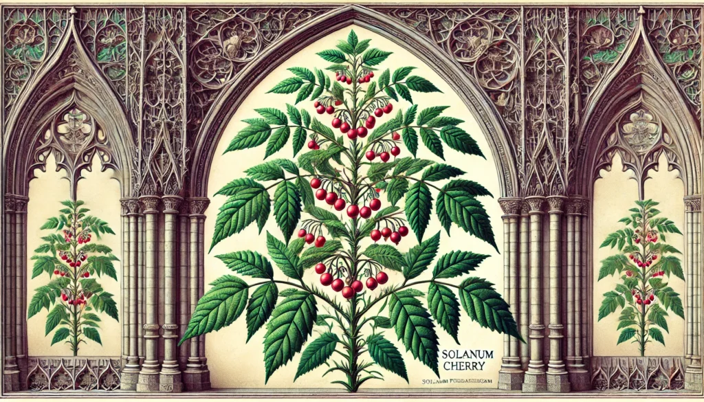 Illustration of Winter Cherry (Solanum pseudocapsicum) with green leaves and red berries in a gothic architectural setting