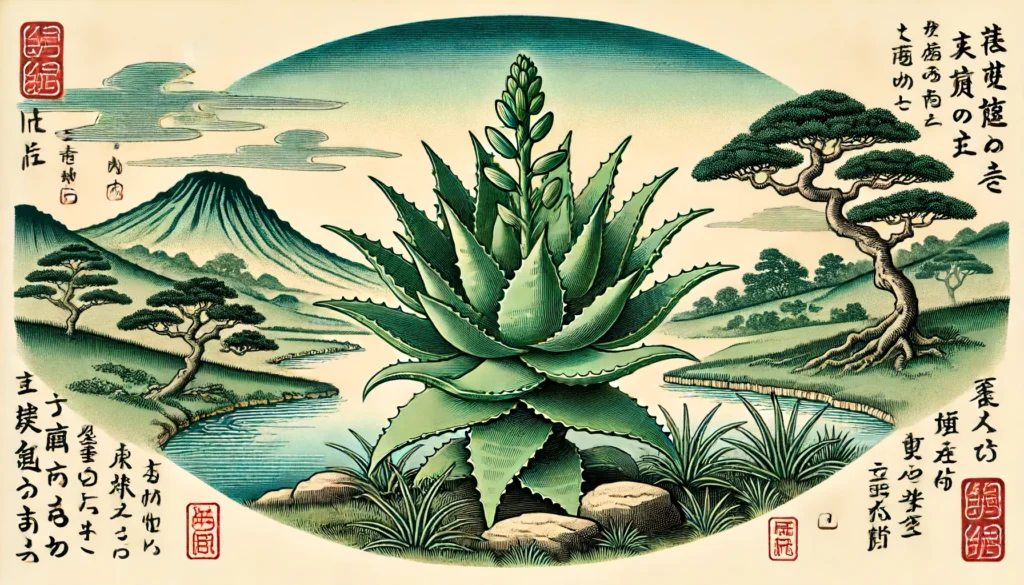 Illustration of an Aloe plant in Ukiyo-e style