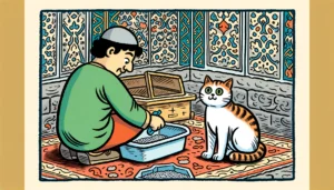 Cat watching you clean their litter box in Ottoman Art style