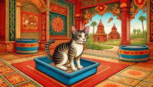 Hindu-Buddhist art style cartoon showing a cat interacting with a litter box, representing the topic can litter cause a UTI in cats.