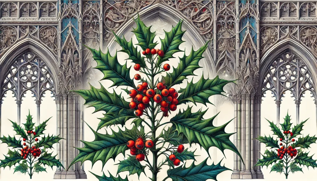 Illustration of Winterberry (Ilex opaca) with spiky green leaves and bright red berries in a gothic architectural setting.