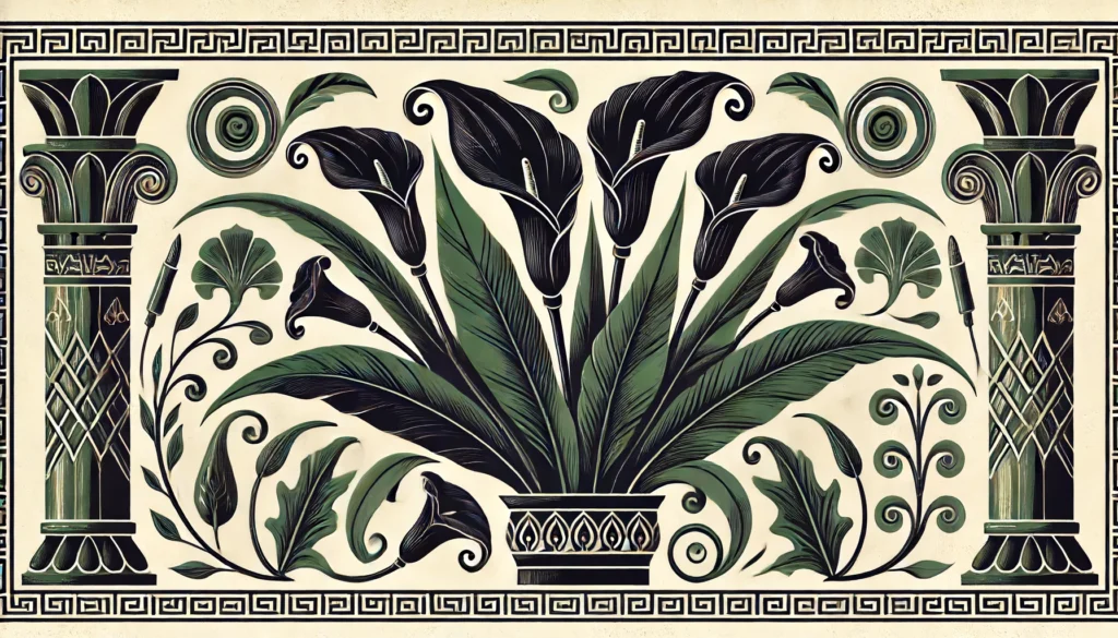 Ancient Egyptian Ptolemaic style illustration of a Black Calla lily.