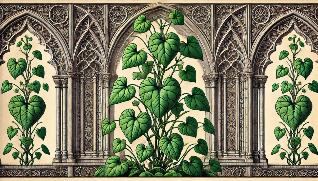 Detailed illustration of a Sweetheart Ivy (Hedera helix) plant with heart-shaped green leaves.