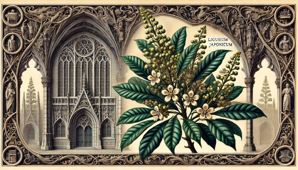 Illustration of Wax-Leaf (Ligustrum japonicum) plant with dark green leaves and white flowers in a gothic setting.