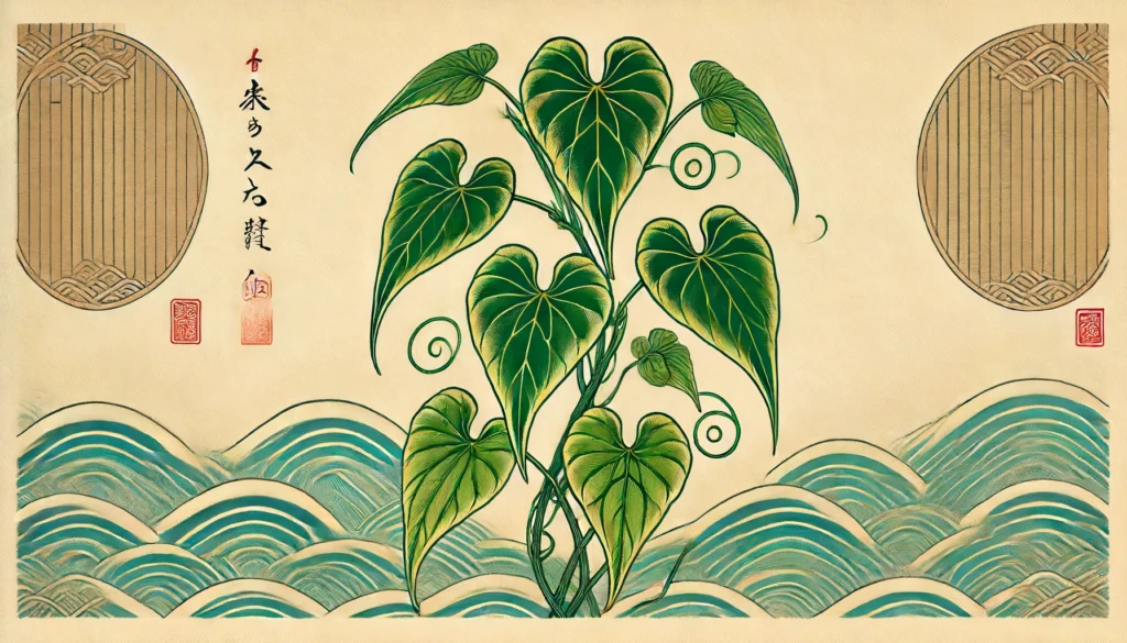 Ukiyo-e style illustration of Arrow-Head Vine with traditional Japanese wave patterns.