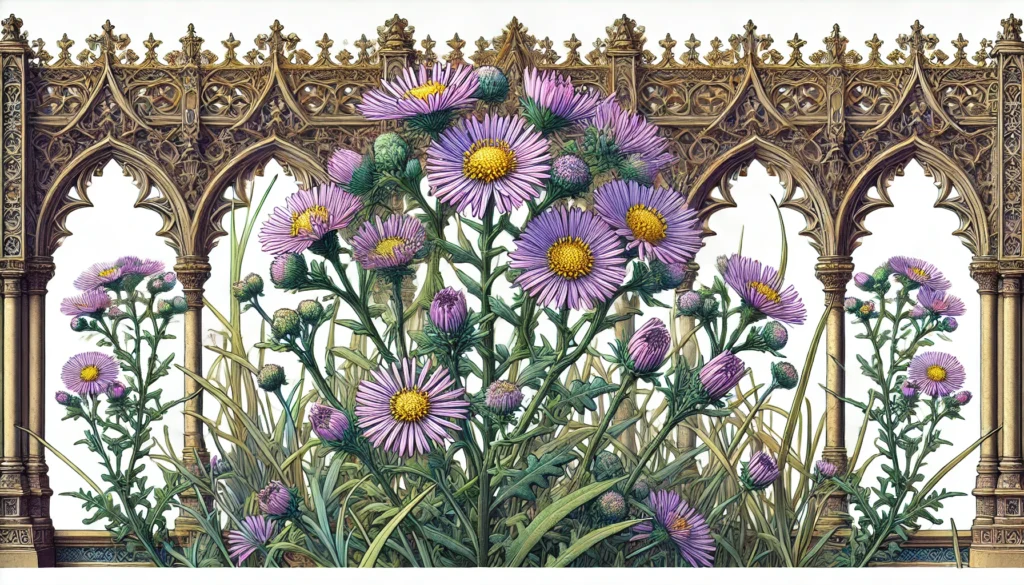 Detailed illustration of a Seaside Daisy (Erigeron speciosus) plant with purple flowers and yellow centers.