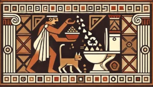 A geometric ancient Greek art-style illustration showing a figure dealing with a toilet overflowing with cat litter, surrounded by geometric patterns and abstract forms.