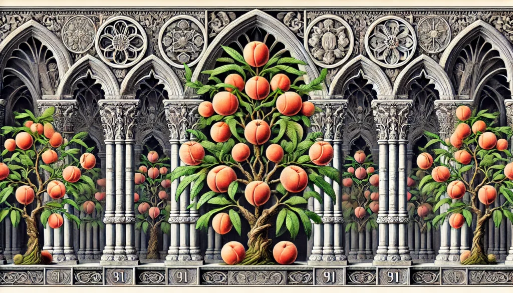 Illustration of Peach plants in a gothic architectural style with green leaves and ripe orange-pink peaches.