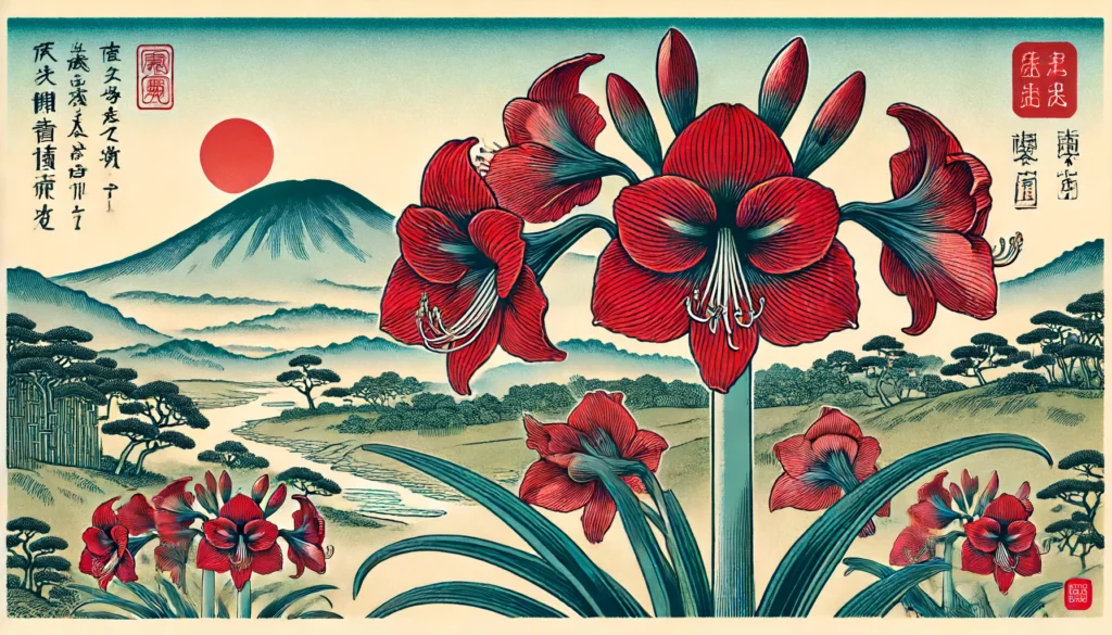 Illustration of an Amaryllis plant in Ukiyo-e style