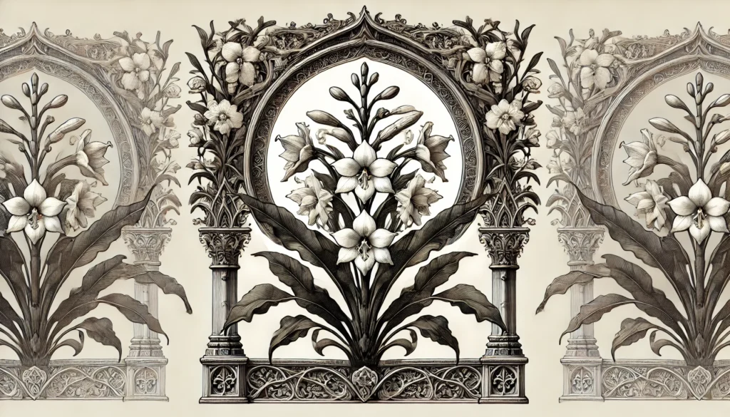 An intricate botanical illustration of the Lady of the Night Plant, framed by Gothic arches. The plant features detailed, white fragrant flowers and lush leaves, rendered in a vintage style with ornate patterns and decorative elements.