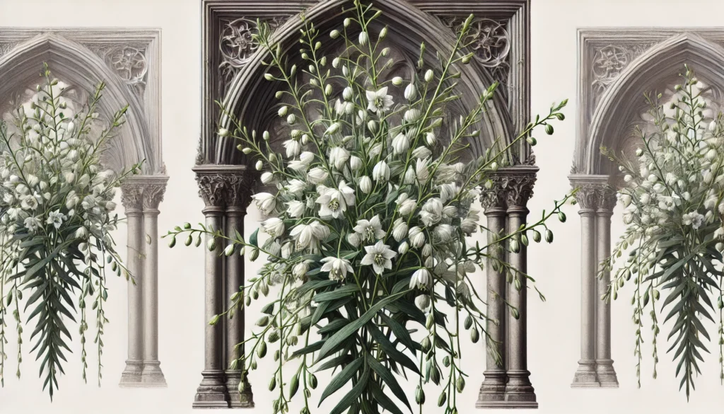 Accurate illustration of Tahitian Bridal Veil Plant (Tradescantia multiflora) in a Gothic architectural setting.