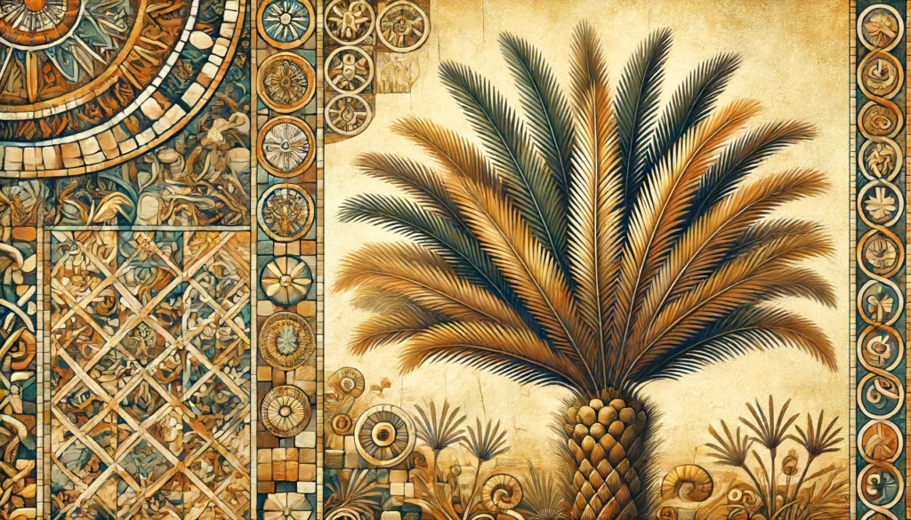 Byzantine art-inspired illustration of a cardboard palm plant with feathery, arching fronds.