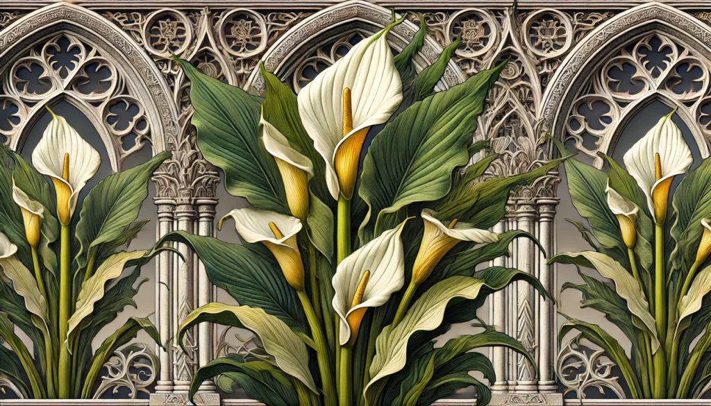 Illustration of Wild Calla (Zantedeschia aethiopica) with large green leaves and white spathe-like flowers in a gothic architectural setting