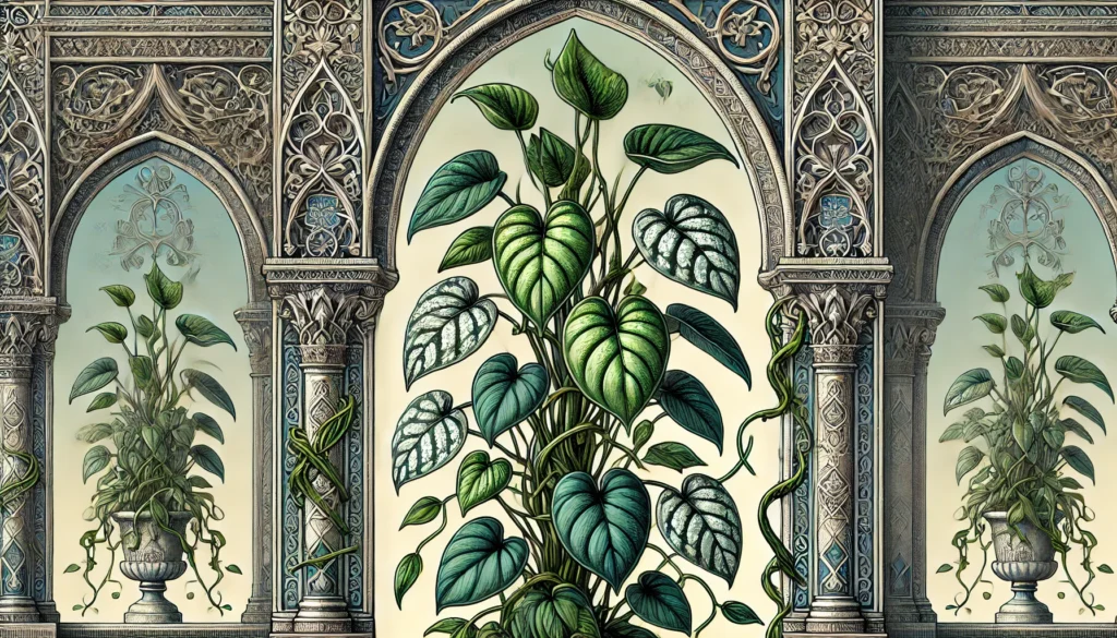 Detailed illustration of a Satin Pothos (Scindapsus pictus) plant with heart-shaped leaves and silver spots.