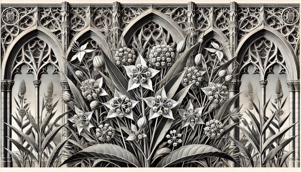 Illustration of Milkweed plants in a gothic architectural style.