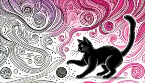 Black cat playing with a ball of yarn and catnip amidst swirling abstract pink patterns.