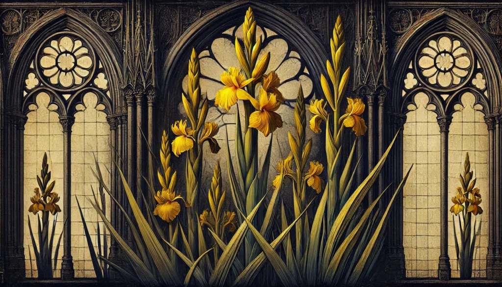 Gothic-style artistic depiction of a Water Flag plant (Iris pseudacorus) with intricate detailing.