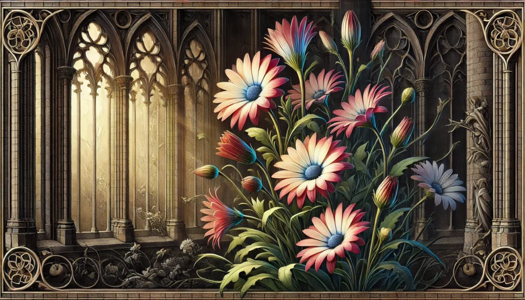 Gothic-style artistic depiction of an African Daisy (Osteospermum) with intricate detailing.