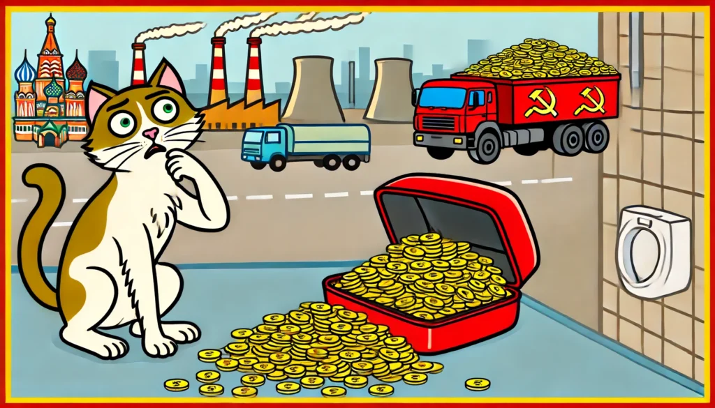 A Soviet art cartoon-style image depicting why is cat litter so expensive.