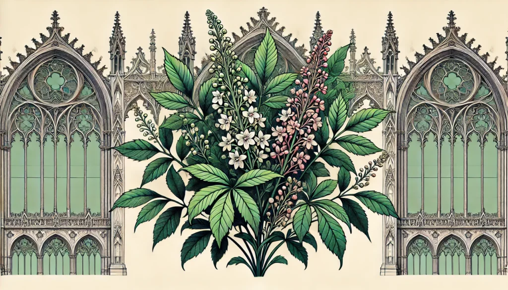 Pieris plant with green leaves and small white-pink flowers in front of intricate gothic architecture.