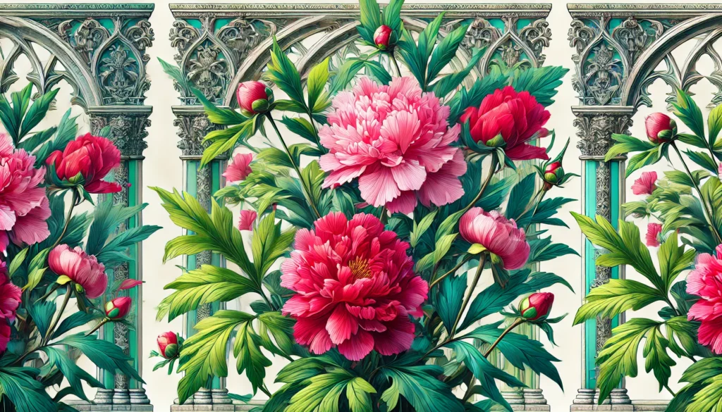 Peony plant with lush green leaves and vibrant pink flowers in front of intricate gothic architecture.