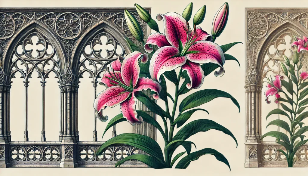 Detailed illustration of a Stargazer Lily (Lilium orientalis) plant with vibrant pink flowers.