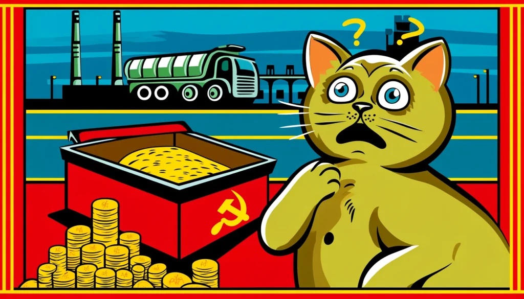 A Soviet art cartoon-style image depicting why is cat litter so expensive.