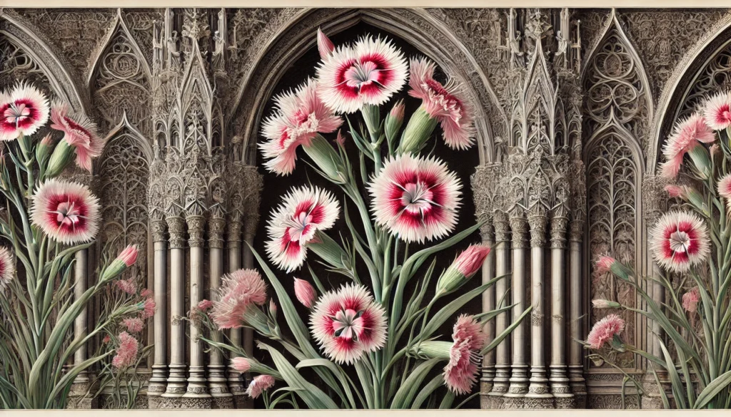 Illustration of Wild Carnation (Dianthus caryophyllus) with pink, fringed flowers in a gothic architectural setting.