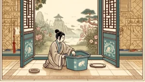 Ming Dynasty-style cartoon image showing how to open a Tidy Cats litter bucket.