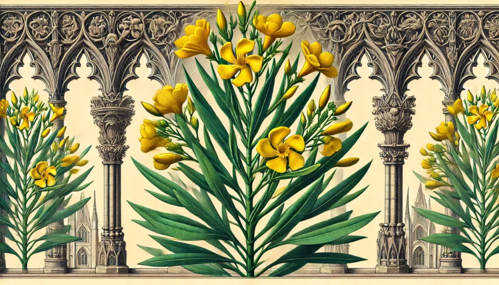 Illustration of Yellow Oleander (Thevetia peruviana) with narrow green leaves and bright yellow flowers in a gothic architectural setting.