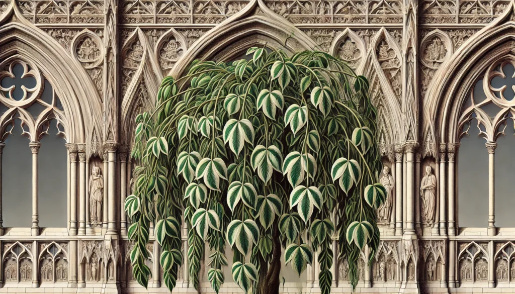 Detailed illustration of Weeping Fig (Ficus sp.) with drooping branches and variegated green leaves in a gothic architectural setting.