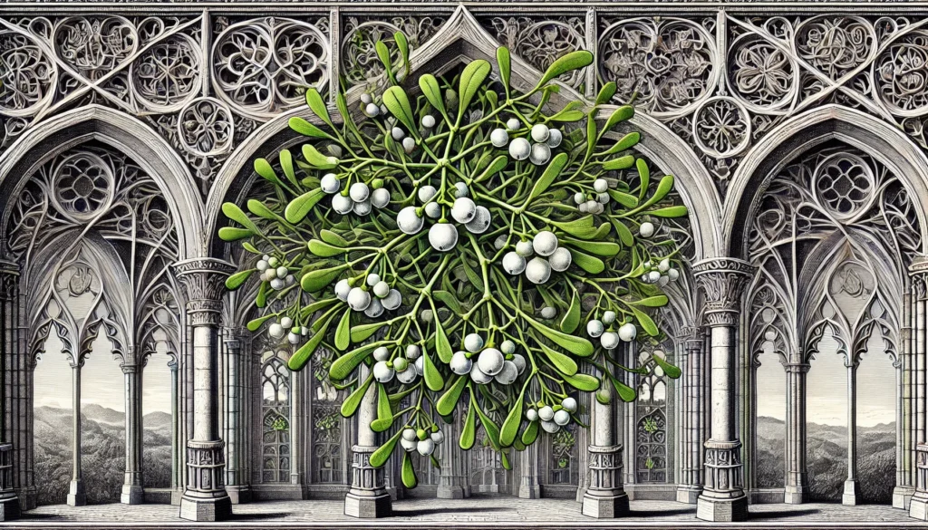 Illustration of American Mistletoe plants in a gothic architectural style with green leaves and white berries.