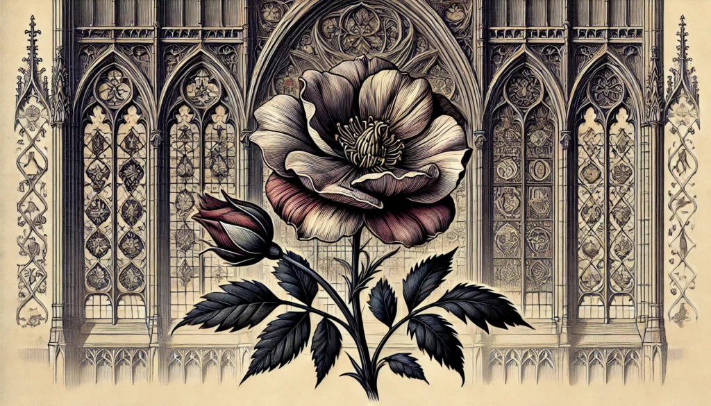 Illustration of a Lenten Rose in Gothic art style with dark lines and rich colors
