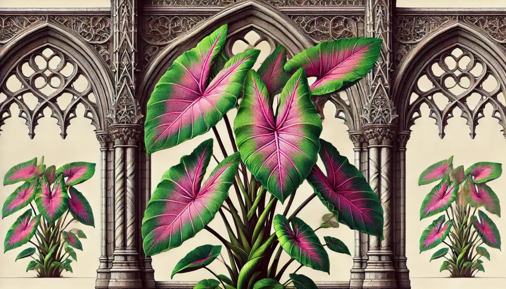 Taro plant (Caladium hortulanum) with large green and pink leaves in a gothic architectural setting.