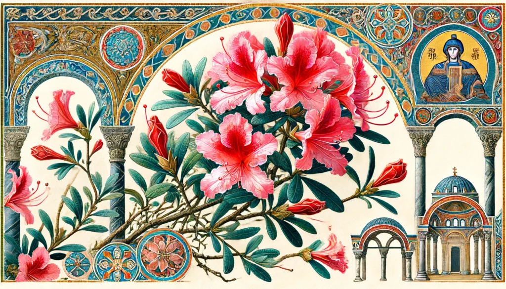 Azalea flowers depicted in Byzantine art style with intricate mosaics and architectural elements.