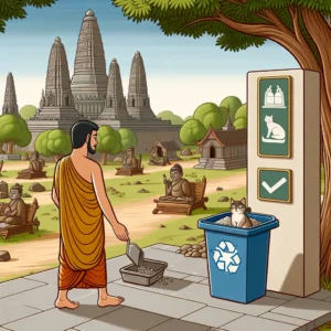 A classical Hindu-Buddhist art style representation of a person responsibly disposing of cat litter.