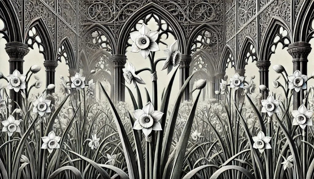 Illustration of Paper White plants in a gothic architectural style with delicate white flowers and green stems.