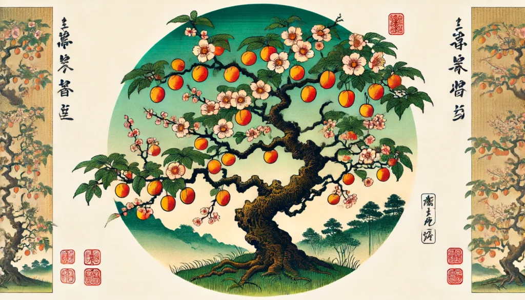 Apricot tree in Ukiyo-e art style with apricots