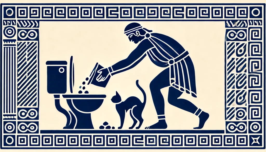 Stylized geometric image of a clothed human putting cat litter into a toilet in the ancient Greek Geometric Period style, with no text.