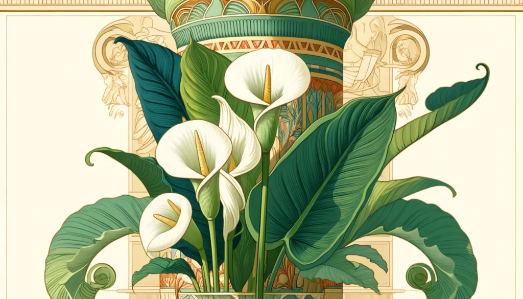 Ancient Egyptian Ptolemaic style illustration of Bobbins plant with white spadix and green leaves.