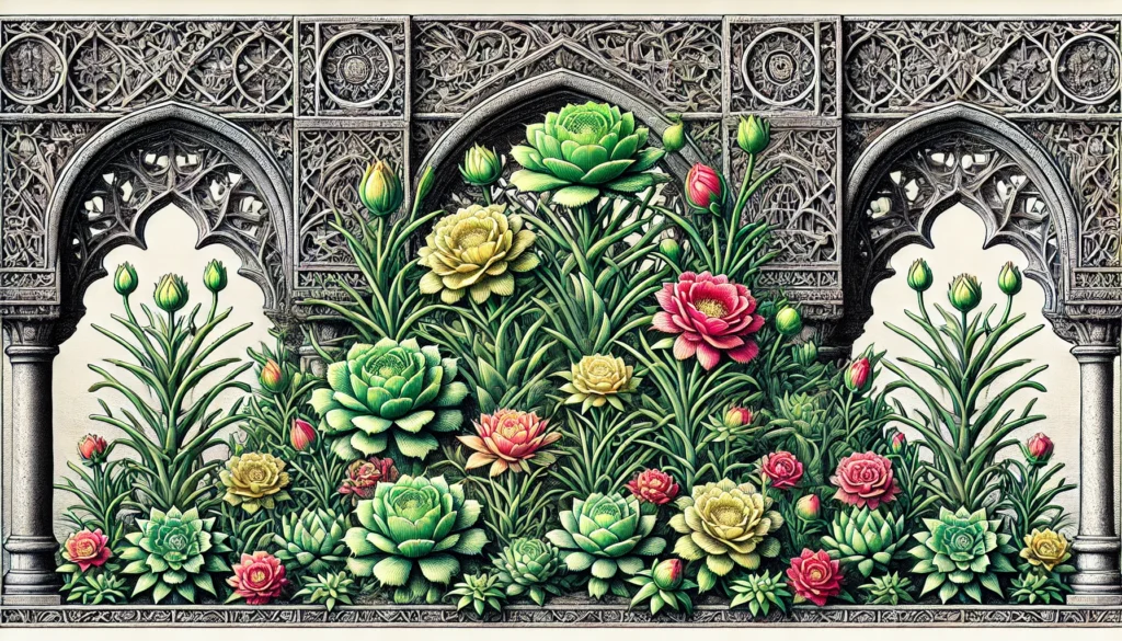 Illustration of Moss Rose plants in a gothic architectural style with green leaves and vibrant, rose-like flowers.