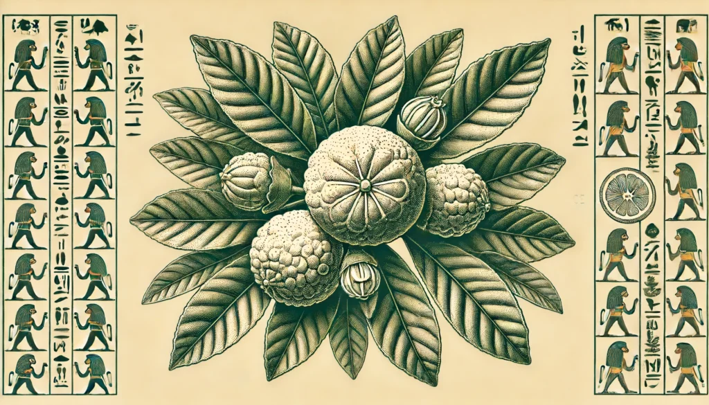 Ancient Egyptian style illustration of a Bergamot Orange plant from the Old Kingdom period.