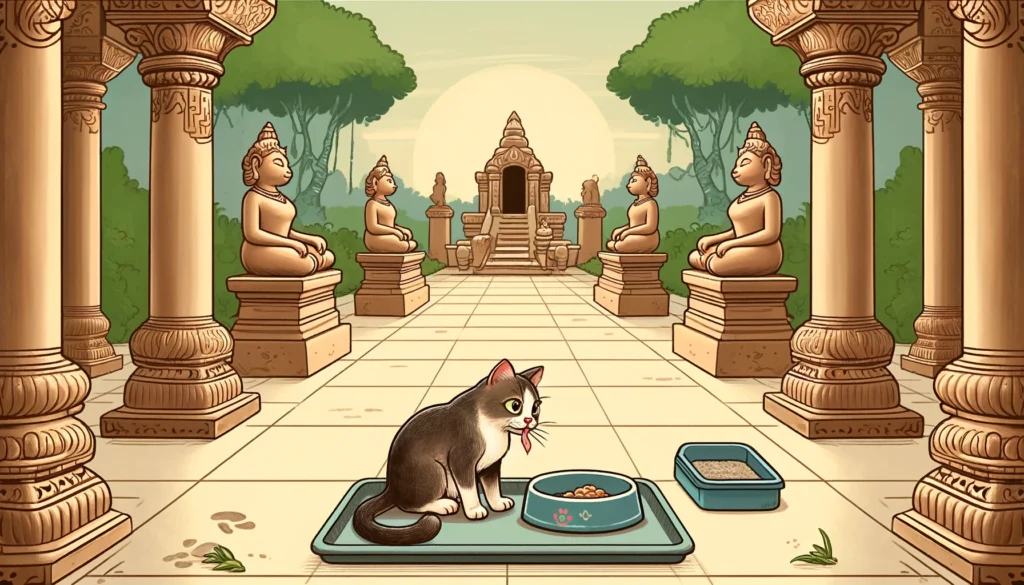 Classical Hindu-Buddhist art style cartoon depicting how far away should cat food be from litter box.