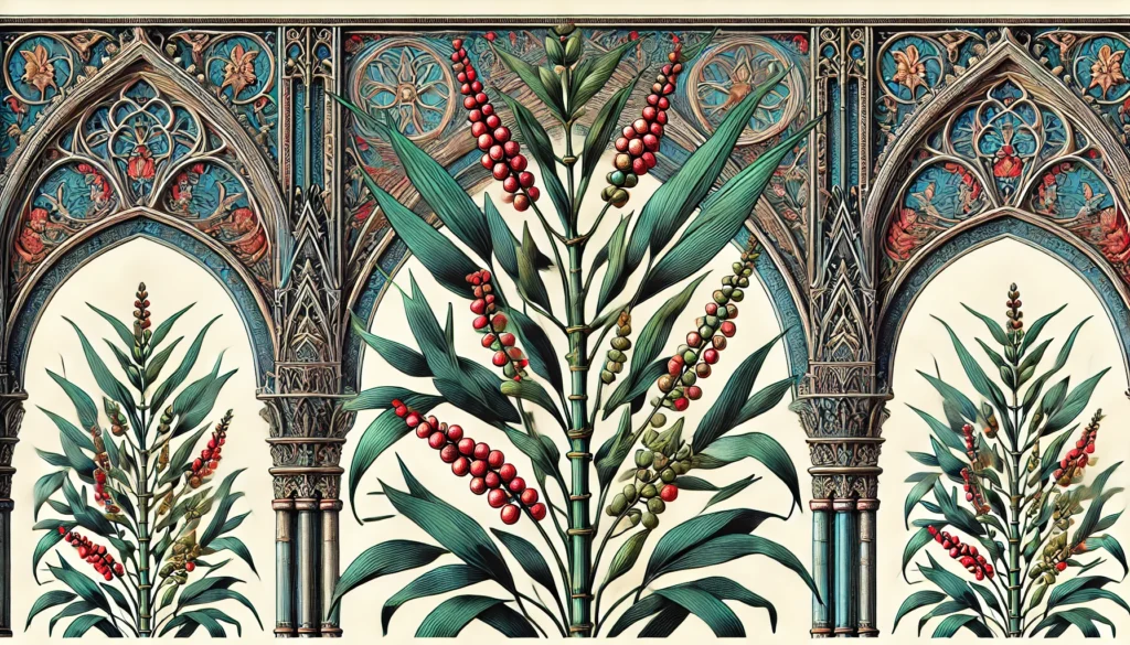 Detailed illustration of a Sacred Bamboo plant with slender stems, elongated leaves, and red berries.