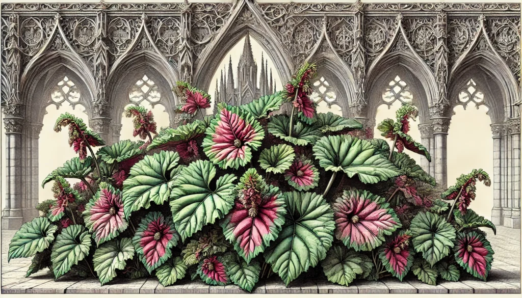 Illustration of Peace Begonia plants in a gothic architectural style with broad, colorful green, pink, and dark leaves.