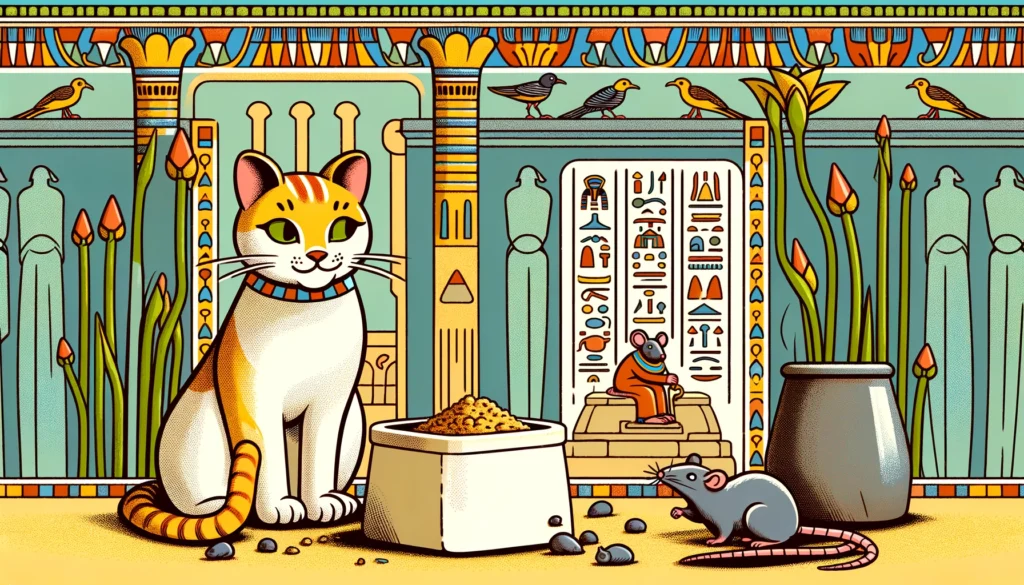 Does cat litter keep rats away in Egyptian Ptolemaic Period art style with a cat and hesitant rats.