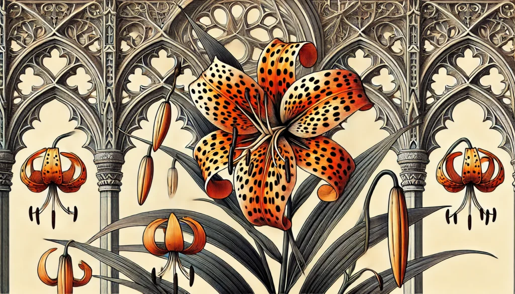 Tiger Lily (Lilium tigrinum) with orange petals and black spots in a Gothic-style architectural setting.