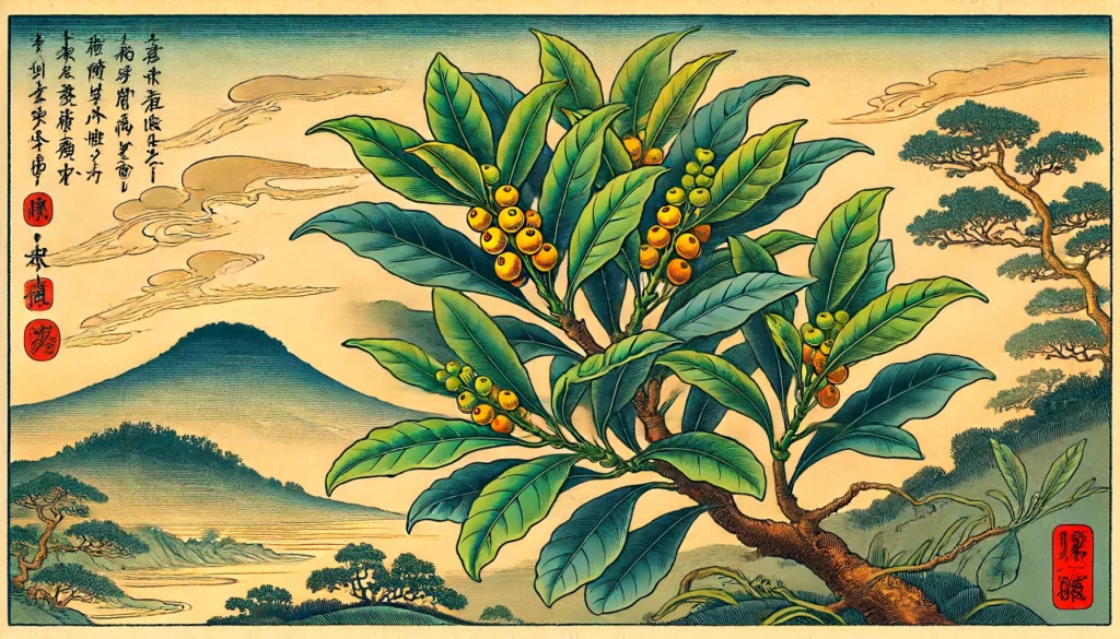 Bay Laurel plant in Ukiyo-e art style with yellow berries