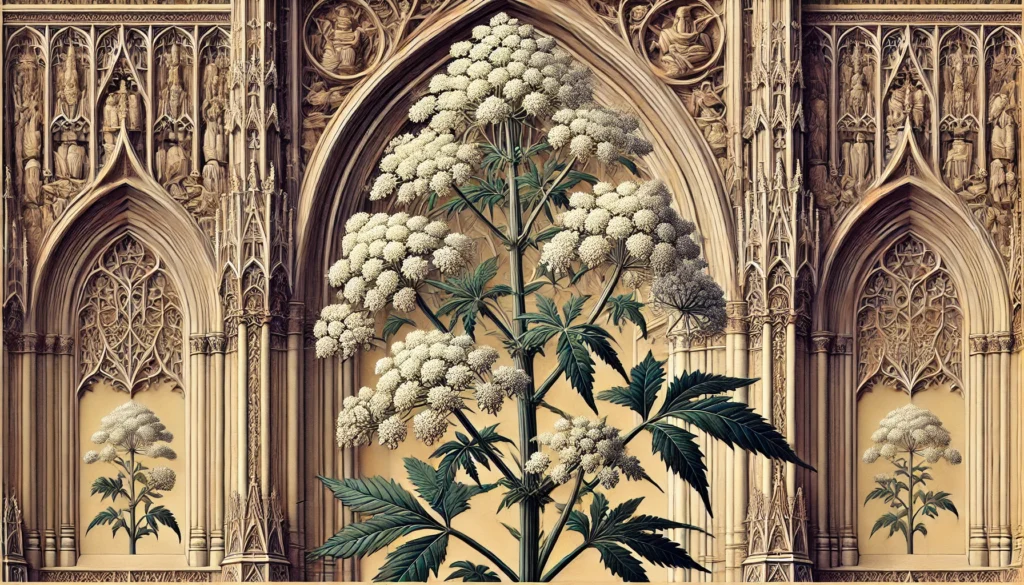 Illustration of White Heads (Sphenosciadium capitellatum) with white flower clusters in a gothic architectural setting.